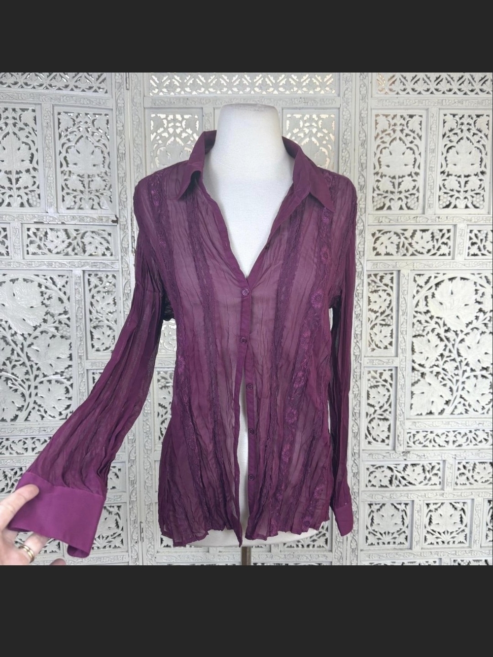 Claudia Richard NWT Sheer Lace Crinkle Button Down Blouse Wine 1X